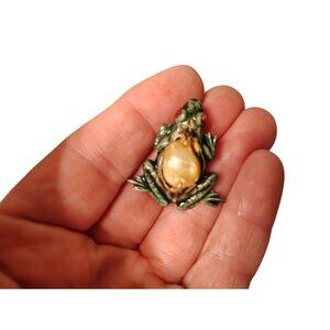 Vintage Sandor Green Enamel Pearl Frog Brooch, 1.5", 1940's